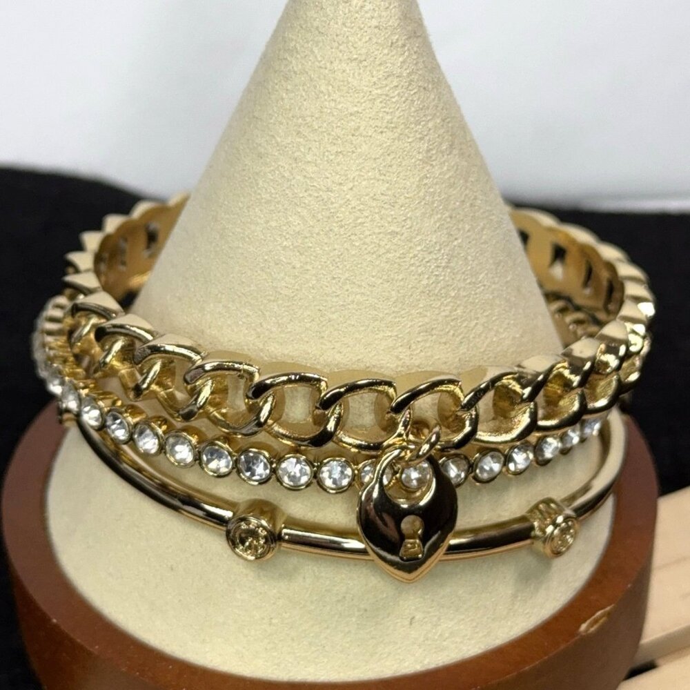 Graziano Gold Tone Bangle Bracelets Lot of 3 Rhinestones Open Link Lock Sz 8.5"